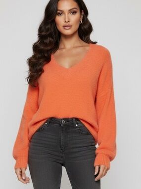 Freshman Vibrant Orange Fuzzy V-Neck Sweater